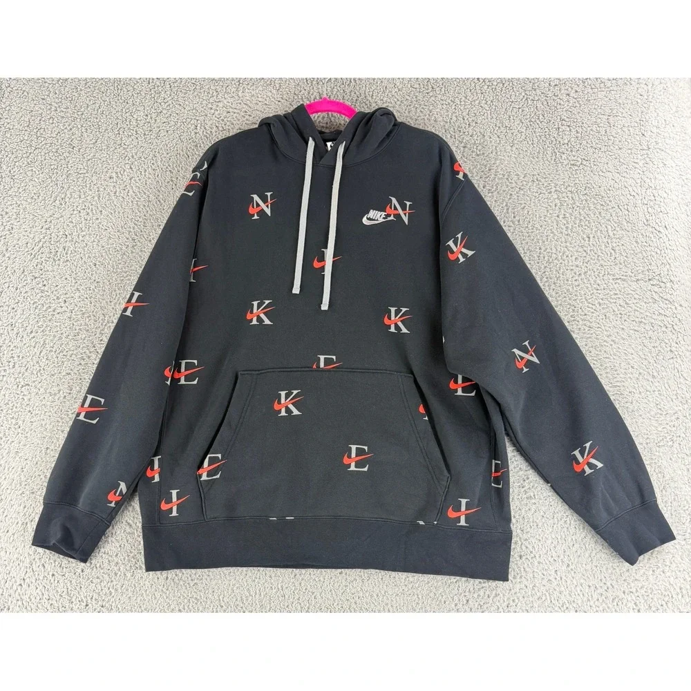 Nike Hoodie Mens XL Black All Over Swoosh Logo Print Pullover DV9601-011 Fleece